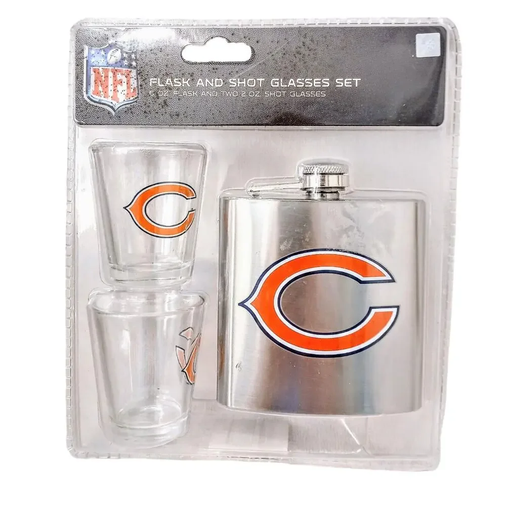 New NFL CHICAGO BEARS Flask & 2 Shot Glass Set Brushed‎ Stainless Steel Portable